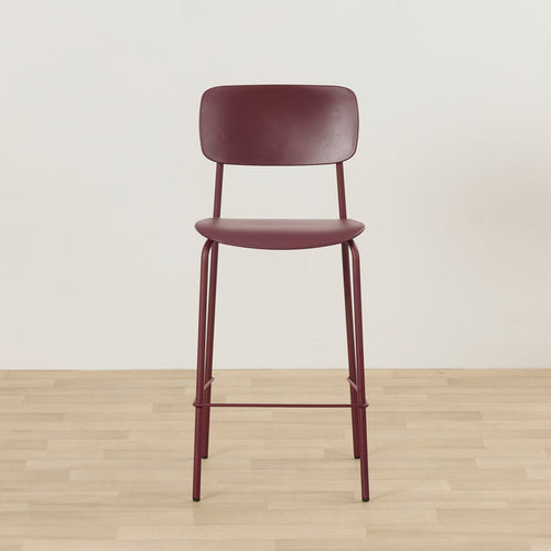 Vincent Counter Stool - Wine, minimalist wine-coloured counter stool with curved backrest, slim metal frame and footrest.