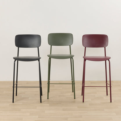 Vincent Counter Stool - Wine, burgundy counter stool with curved backrest and footrest, shown beside black and green stools.