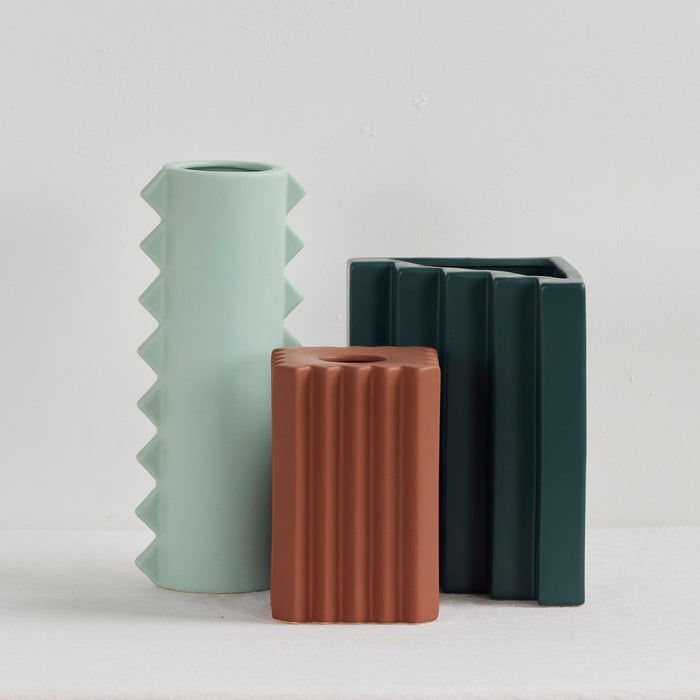 Zig Tall Vase - Sage, tall sage green ceramic vase with sculptural zig-zag edges, styled with two contrasting vases